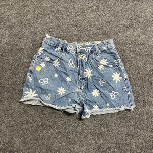 Gasoline Denim Shorts Girls Size 14 Blue Daisy Butterfly Print Cotton Raw Hem